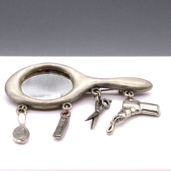 Vintage JJ Hair Stylist Charm Brooch, Silver Tone Vanity Mirror with Hairbrush - Picture 1 of 3